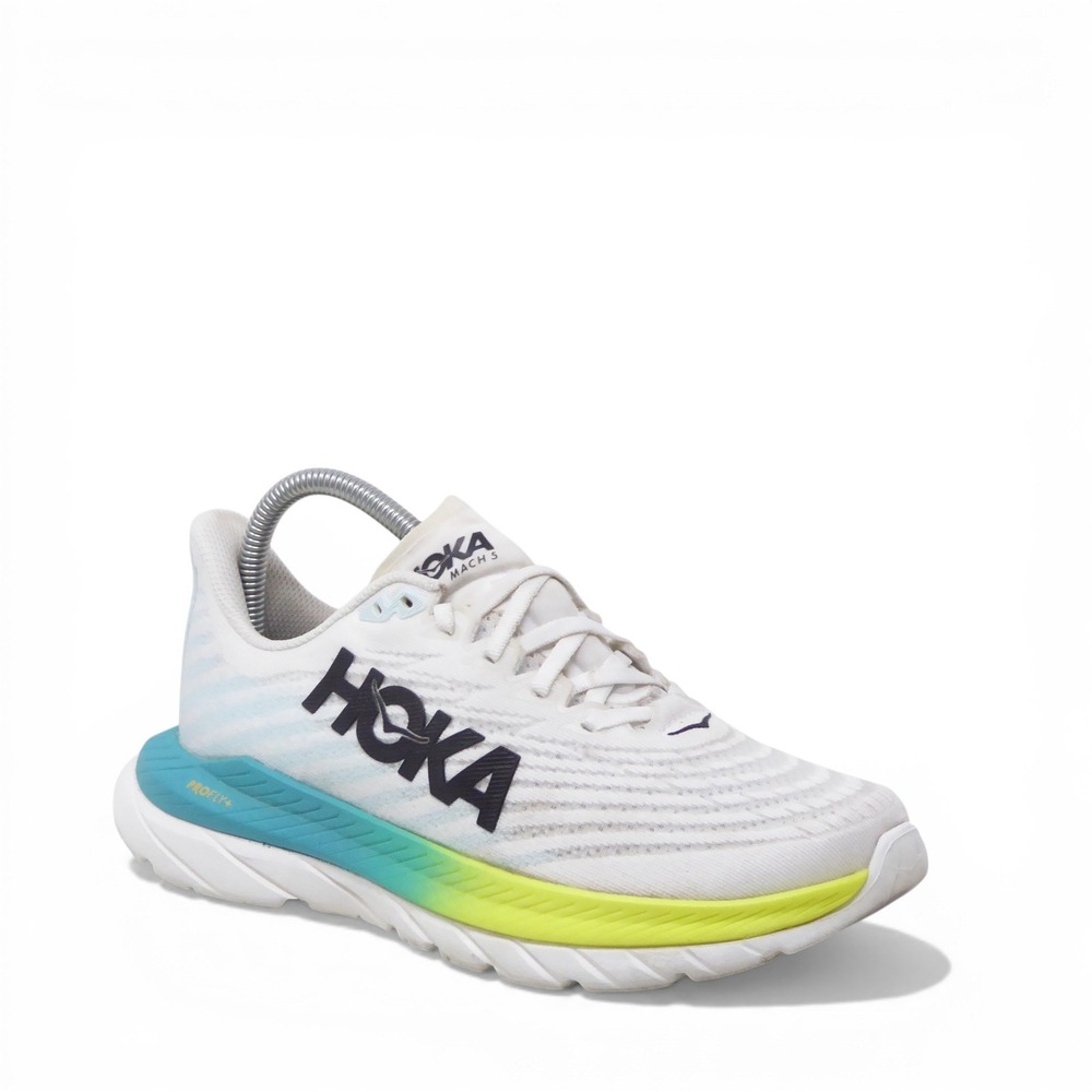 HOKA Mach 5 Women's White Running Shoe with Blue & Lime Accent